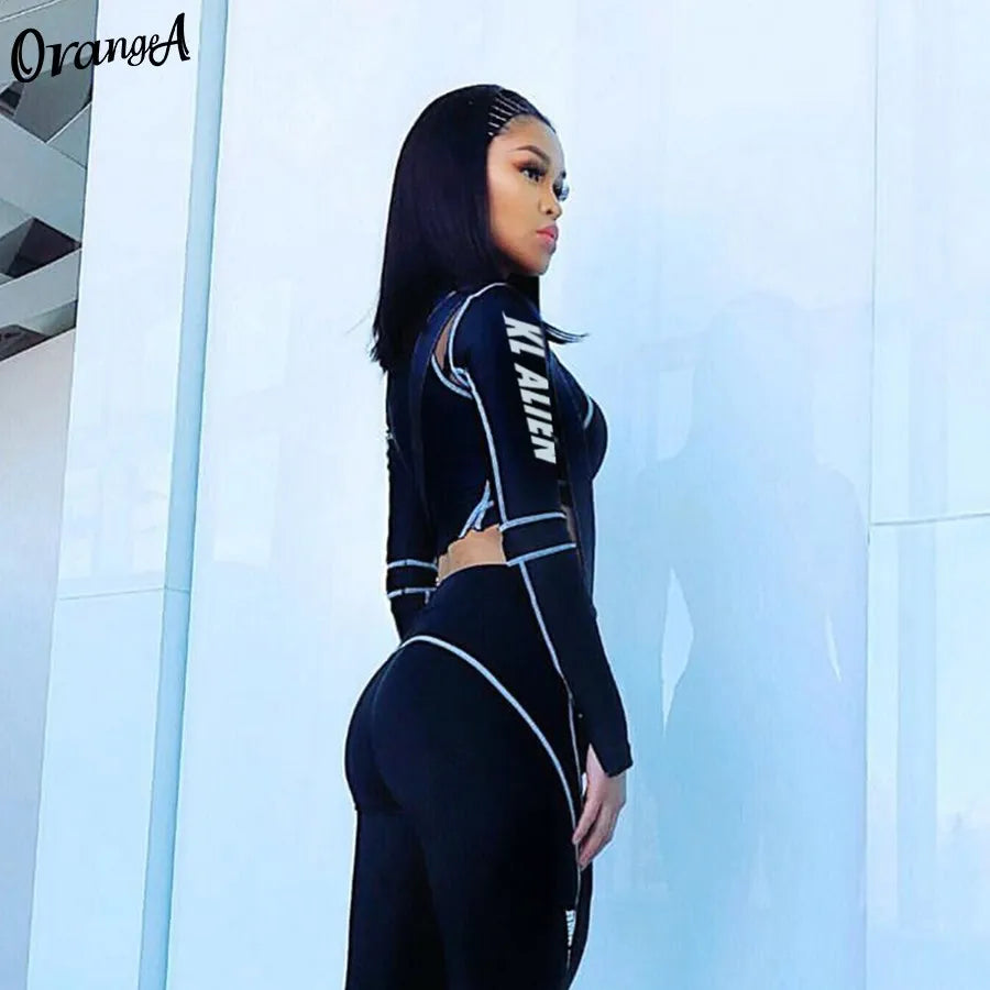 2Piece Set Fitness Full Sleeve Crop Top + Elastic Leggings