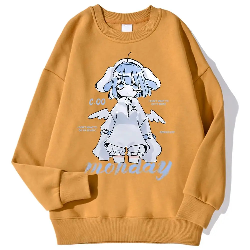 Harajuku Anime Girl Design Womens Sweatshirts Couples Kawaii Hoodie Comfortable Crewneck Clothes All-Match Fleece Streetwear