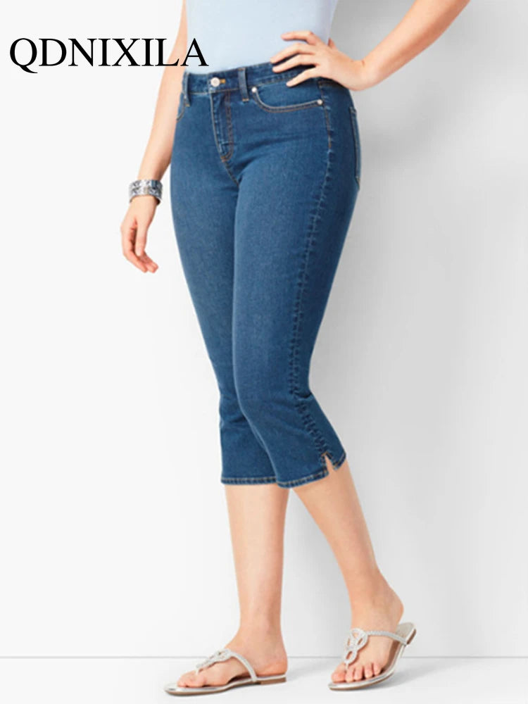 Knee Length Jeans female Elastic High Waist Mom Jeans Oversize