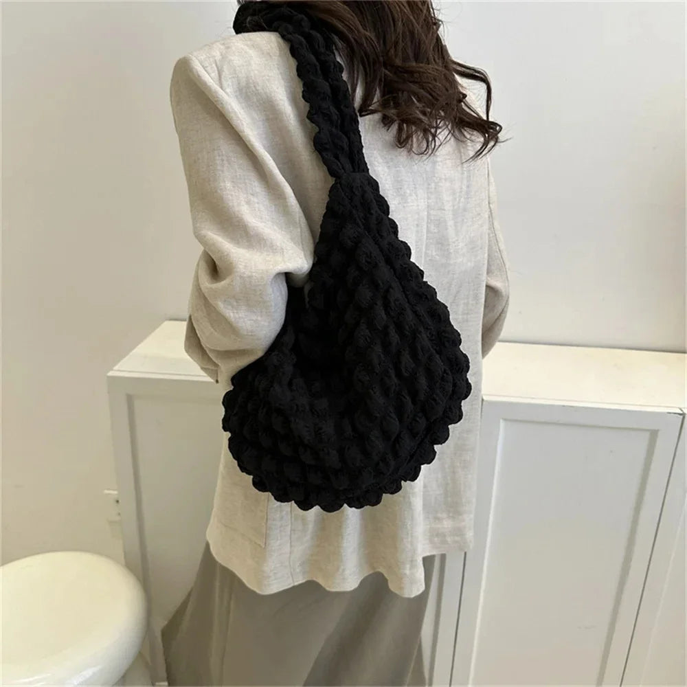 Pleated Embroidered Plaid Shoulder Bag – Crossbody & Underarm Bag, Stylish Large Capacity Quilted Tote for Women
