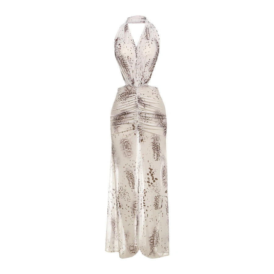 Weird Puss Patchwork Print Dress Women Halter Low-Neck Backless Ruched Splits Robe Vacation Fashion Beach Party Long Bodycon
