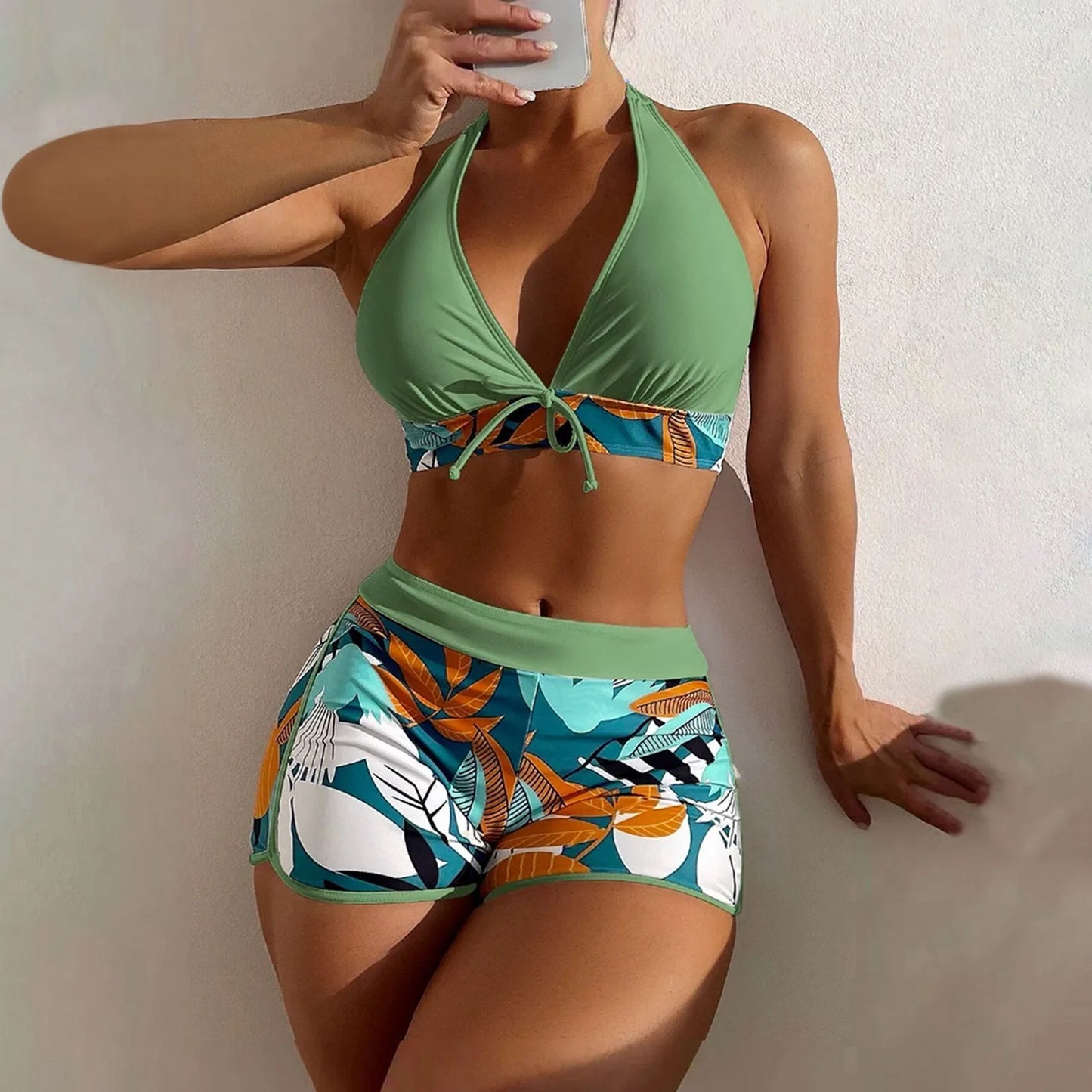 Shorts Bikinis Set  High Waist Swimsuit Women Swimwear  Plant Print Bathers Bathing Swim Suit Beachwear