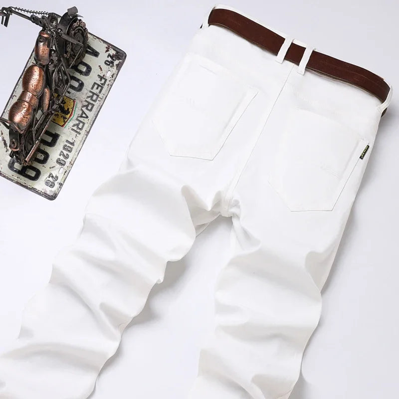 White Yellow Pink fashion 5 Color Men's Cotton Casual Pants Jeans Slim Straight Solid Color Business Trousers Four Seasons Brand
