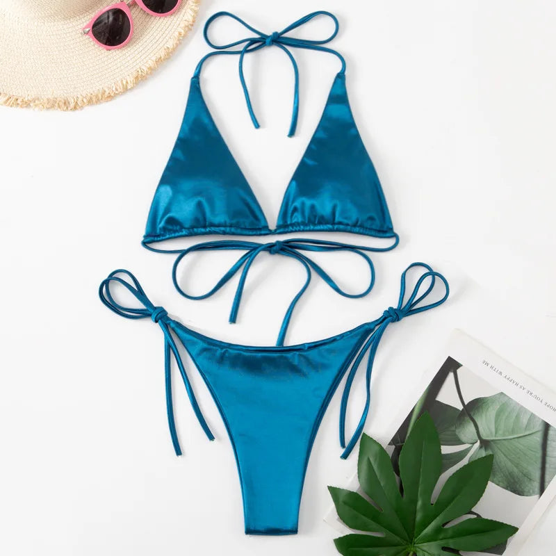 Halter Brazilian Metallic Satin Bikini  Swimwear, Swimsuit Two-pieces Bikini Set High Cut Bathing Suit Swim Beachwear