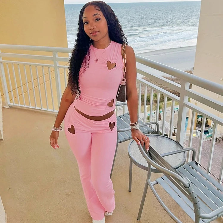 STYLISH LADY Cut Out Heart Fitness 2 Piece Set Women Sleeveless Crop Top and Skinny Pant Suits 2025 Summer Hot Girl Tracksuits