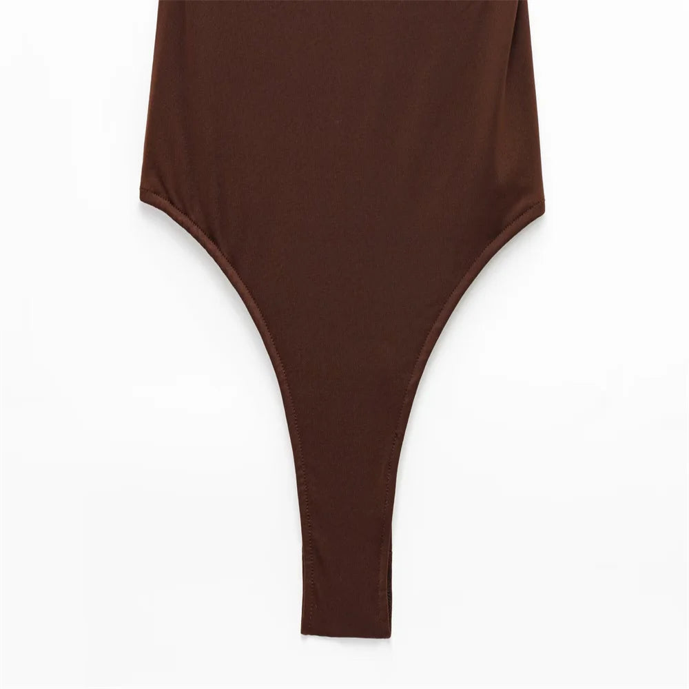 PB&ZA 2025 Women Off Shoulder whole Swimsuit with Decorative Buckle Stylish Black and Brown Design