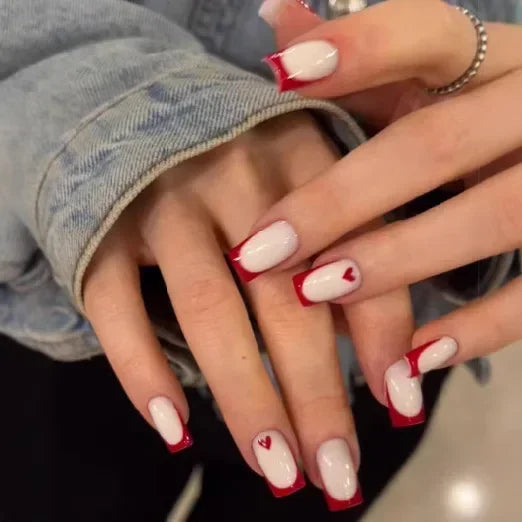 24Pcs Shimmery Long Coffin False Nails with Glue Ballerina Nail Design Sweet Fashion French Press on Acrylic Nails Tips