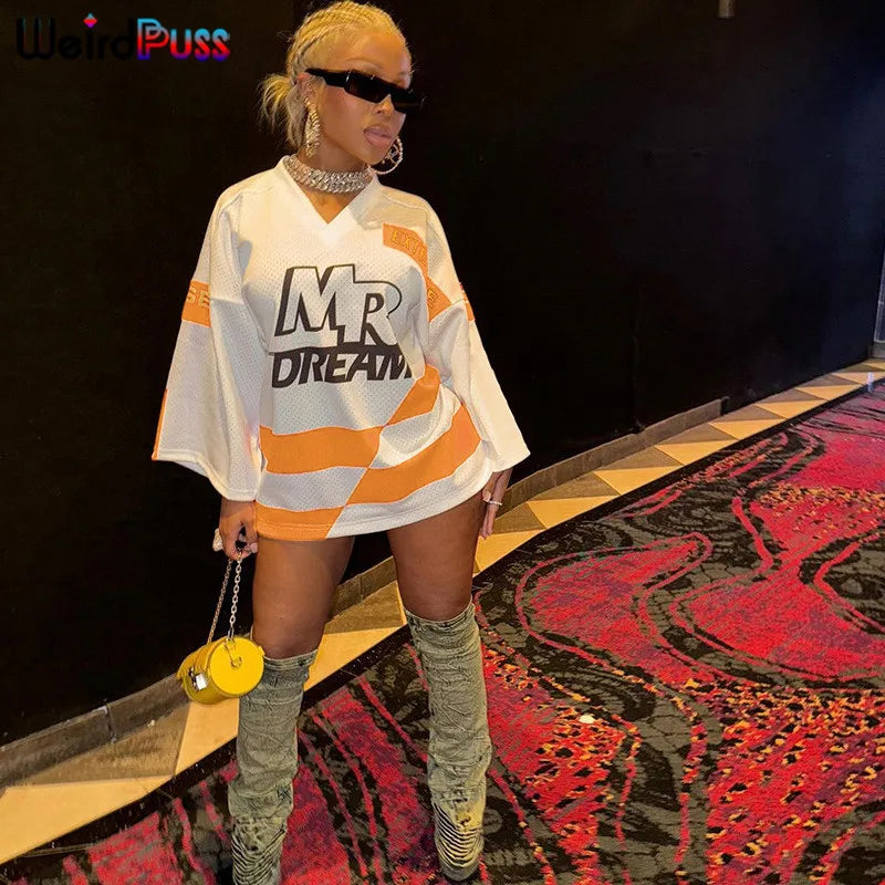 Casual Hipster Women T-Shirt Contrast Letter Print Long Sleeve V-Neck Wild Streetwear Loose Summer Comfortable Tees