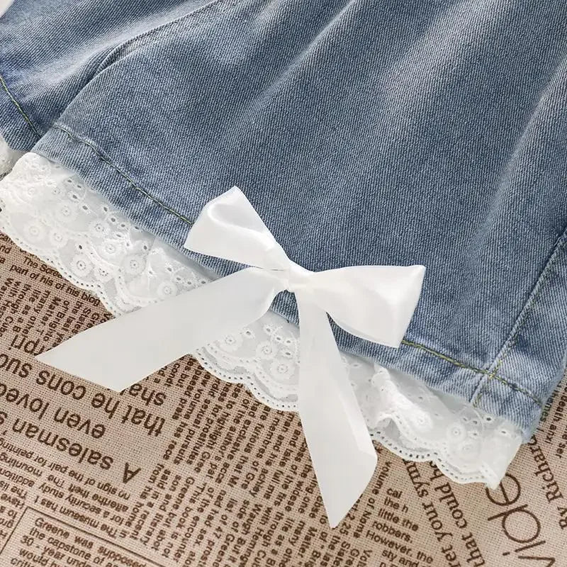 Japanese Preppy Style Bow Lace Patchwork Y2k Shorts Women Summer Straight Hotsweet High Waist jeans Short Pants Ruched