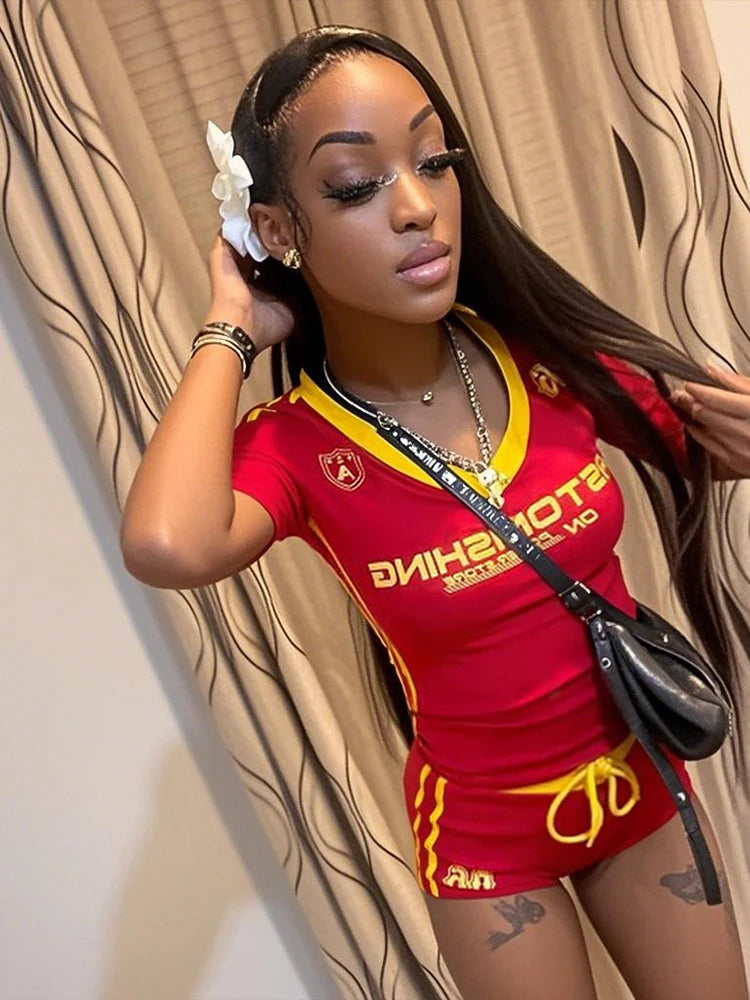 2 Piece Set Letter Print Crew Neck Short Sleeve Top+Drawstring Slim Mini Bottoms, lady's Tracksuit