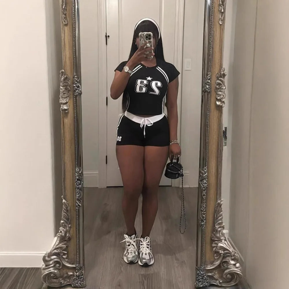 HLJ&GG Summer New Letter Print Drawstring Shorts Two Piece Sets Women Round Neck Short Sleeve Slim Crop Top And Shorts Outfits