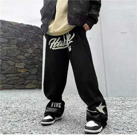 Summer New Casual Pants Men Retro Fashion Straight Pants Men Streetwear Drawstring Letter Hip-hop Trend Loose Balck Trousers