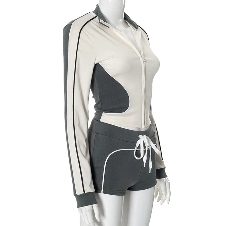 STYLISH LADY Contrast Color Sporty 2 Piece Set Women Long Sleeve Zipper Crop Top and Drawstring Short Suits 2025 Workout Outfits