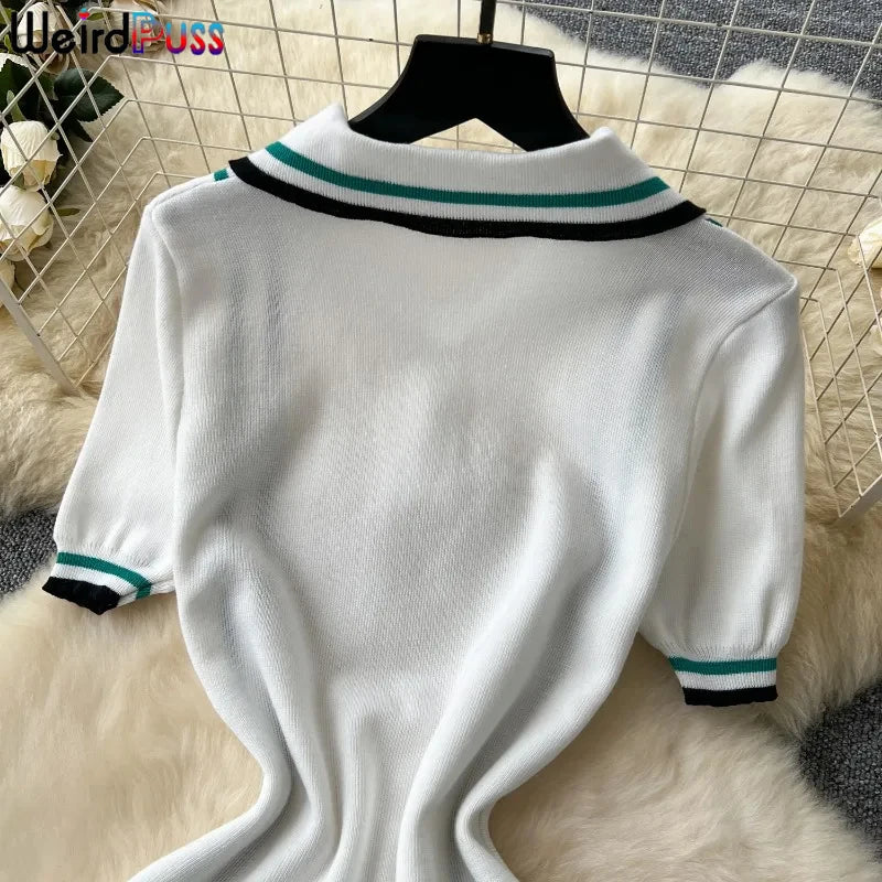 Weird Puss Contrast Stripe Dress Women Knitted Polo-Neck Short Sleeve Ruffles Stretch Hem  Casual Trend Streetwear Mini Bodycon