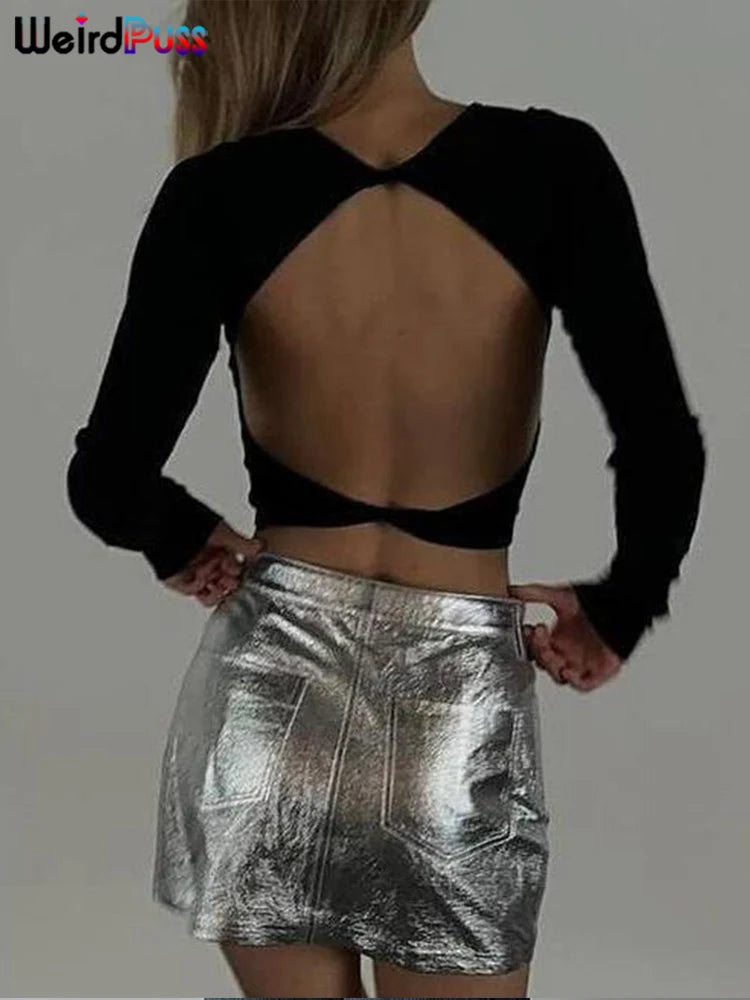 Y2K Backless Crop Tops Autumn Trend O-Neck Solid Long Sleeve Simple Causal Skinny Stretch Streetwear Basic Top