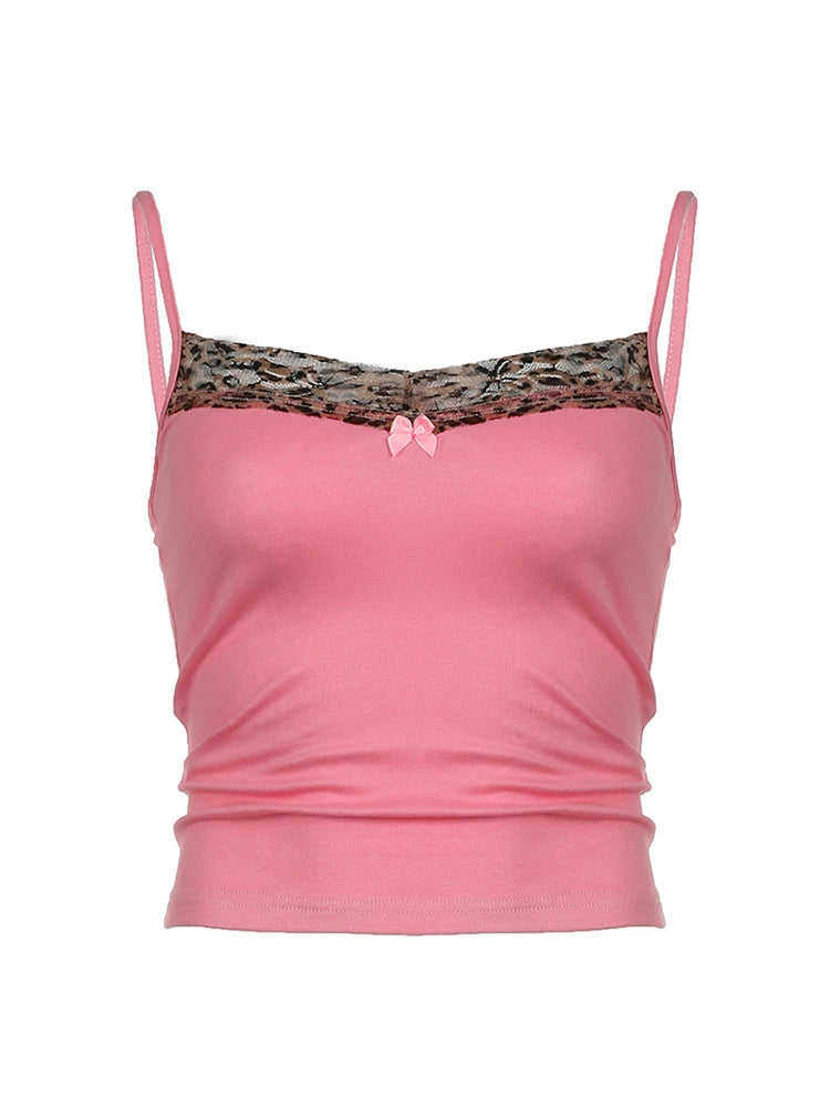 Sweetown Pink Sweet Cute Camisole Leopard Contrast Patchwork Y2K Crop Top For Women Sleeveless Slim Kawaii 2000s Tank Vest