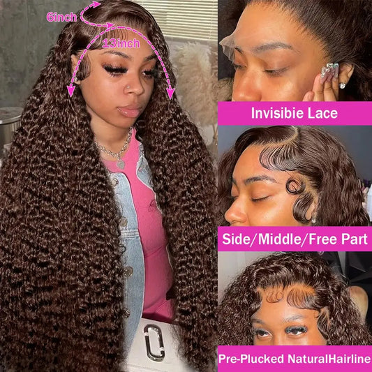 13X4 Chocolate Brown Curly Lace Front Wigs Colored 100% Human Hair Wigs Pre Plucked Deep Wave 13X6 Hd Lace Frontal Brazilian Wig