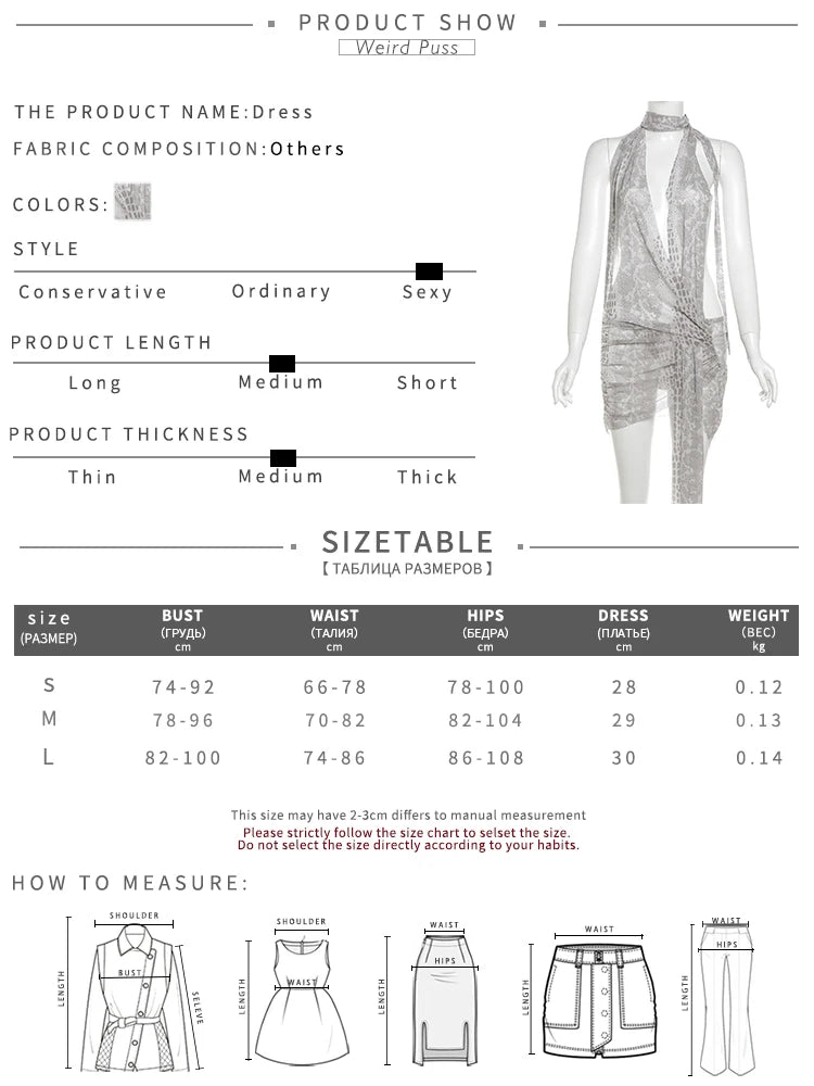 Weird Puss Snake Print Women Sexy Dress Y2K See Through Irregular Halter Ruched Backless Ribbon Beach Vacation Clubwear Bodycon