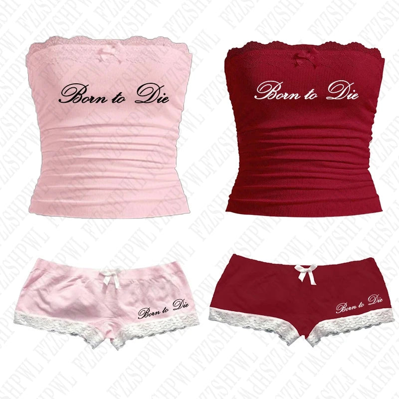 Women's 2 piece, Y2K girls vintage cute bow & lace chic aesthetic set