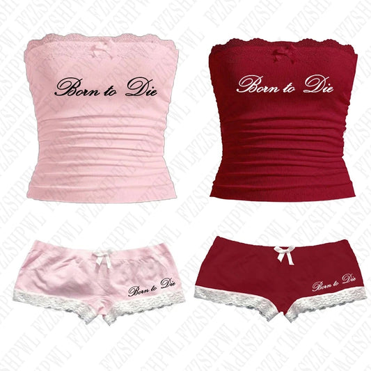 Women's 2 piece, Y2K girls vintage cute bow & lace chic aesthetic set
