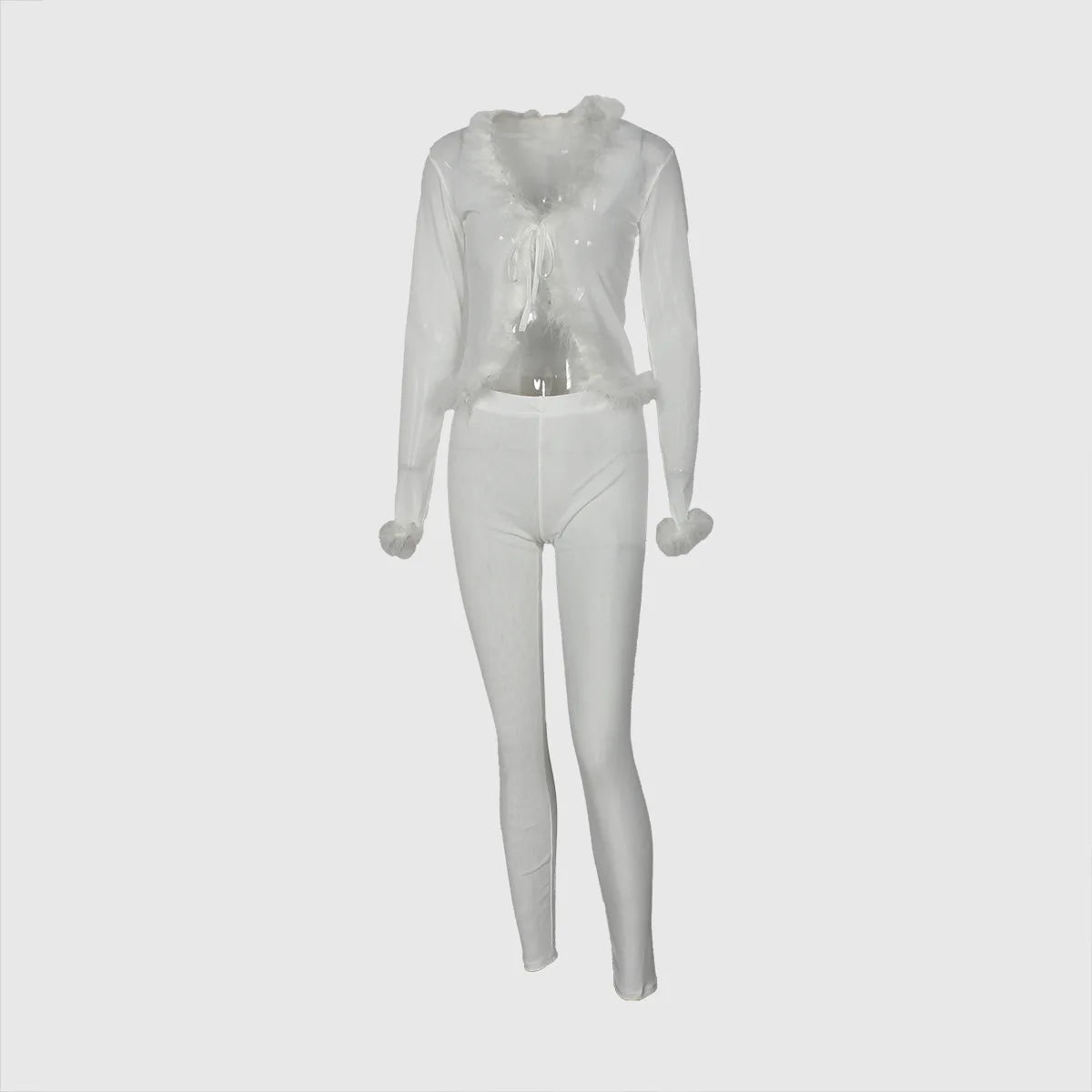 Weird Puss Sexy Fashion 2 Piece Set Women Fluff Patchwork Lace-Up Full Sleeve+Skinny Peach Hip Pants Club Coquett Trend Outfits