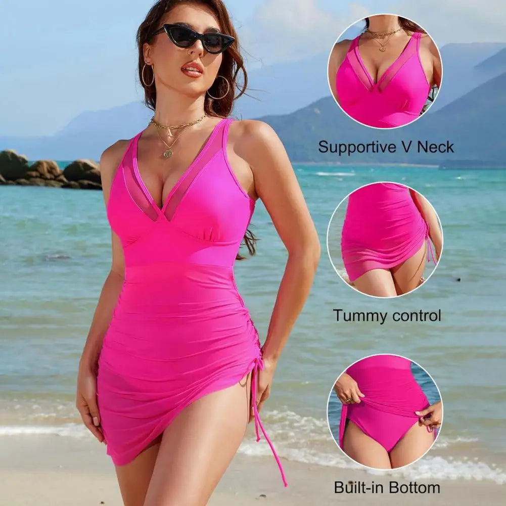 Women's Swimsuit Solid Color V Neck Tummy Control Swimwear Sexy Mesh Sheer Wrap Bathing Suit For Beach Vacation