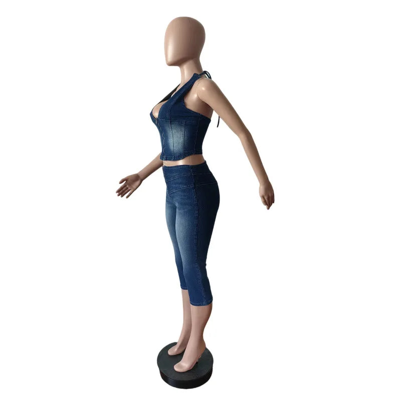 Blue Fashion jeans Halter Two Piece Sets Women Sleeveless, Backless Slim Crop Top And Skinny Jean Pants Outfits Streetwear