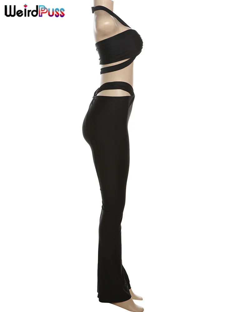 2 Piece Set, Cross Wrapped Camisole+Ruched Hollow Leggings