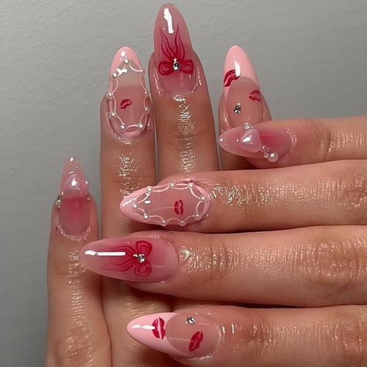 24pcs Sweet Pink Press on Nails with Bow Lipstick Print French Fake Nail Tips Wearable Detachable Ins Simple Korean False Nails