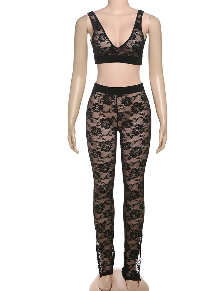2 Piece Set, lace Coquette Wide Belt Tank Tops+Leggings