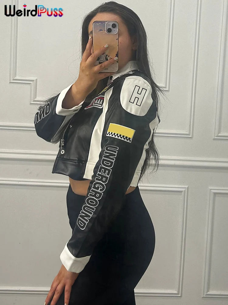 Weird Puss Hipster Crop Jacket Women Y2K Letter Print Hipster Uniform Street Patchwork Single-Breasted Hipster Autumn Trend Coat