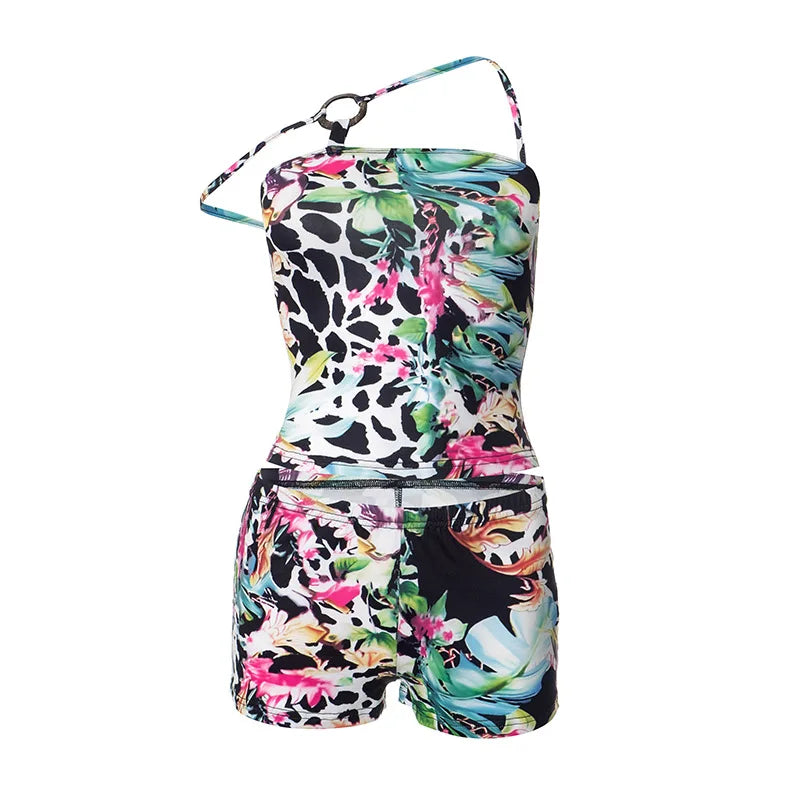 Sexy Nightclub Party Bikini Set with Irregular Round Buckle Printed Backless Short Tight Spring Summer Women's Lingerie Swimwear