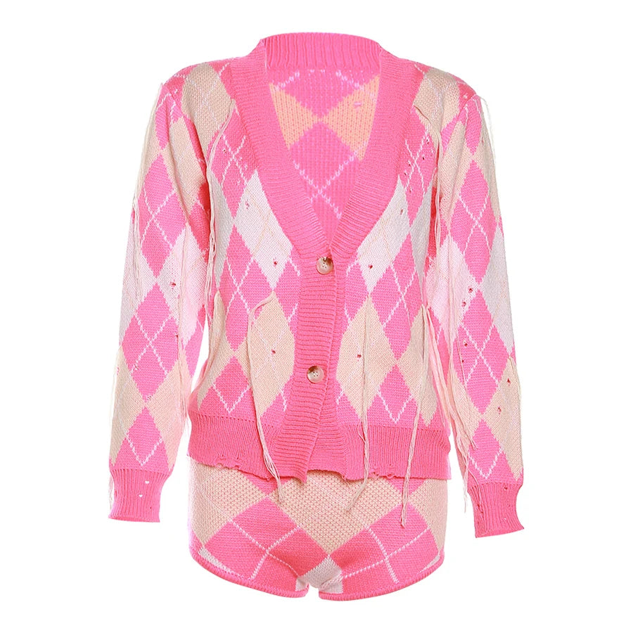 Weird Puss Sweater Women 2 Piece Set Hipster Tassel Plaid Cardigan Tops+Mini Shorts Stretch Autumn Trend Matching Street Outfits
