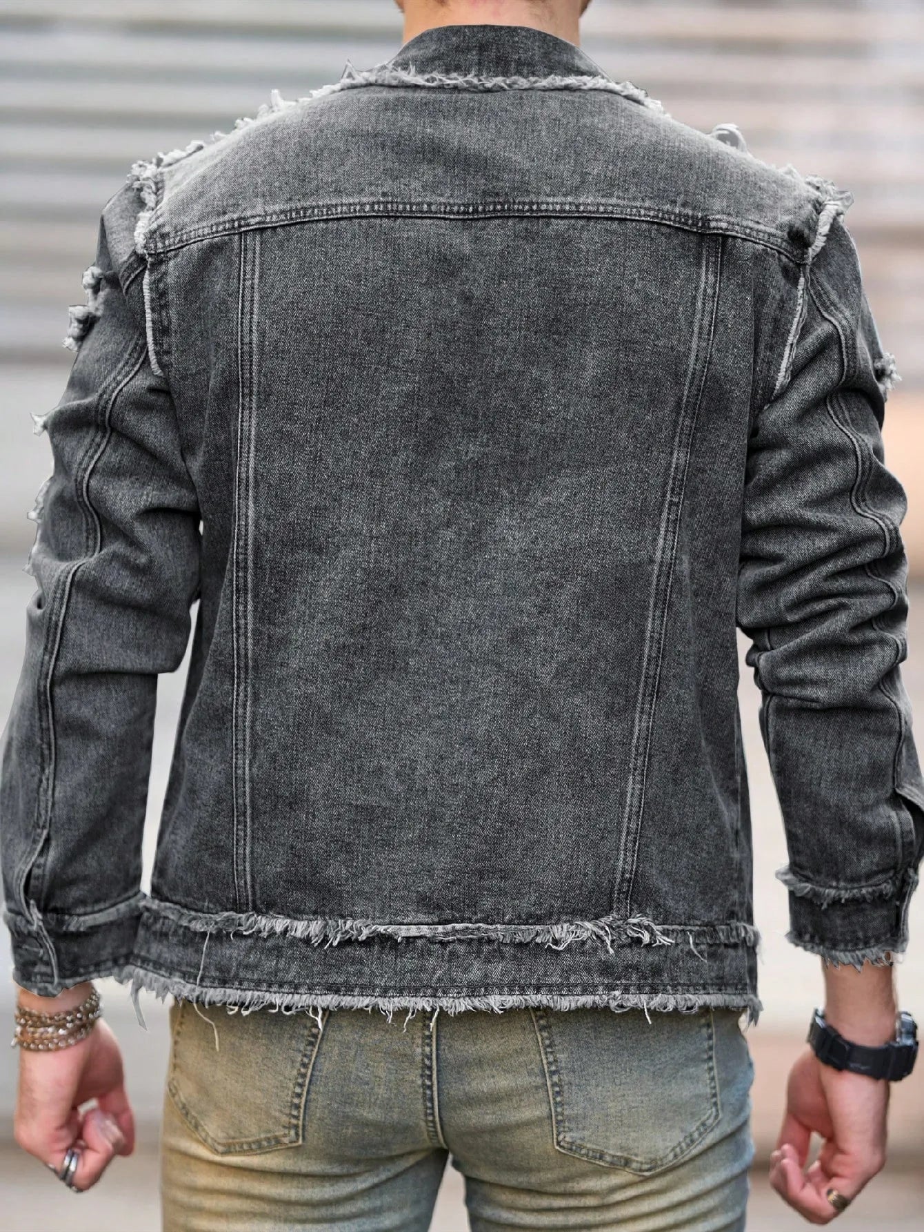 1pc Men's U2K Minimalist Style Ripped Raw Edge Ripped Casual Denim Jacket, Stylish Design for Everyday Wear Flight Jacket Denim