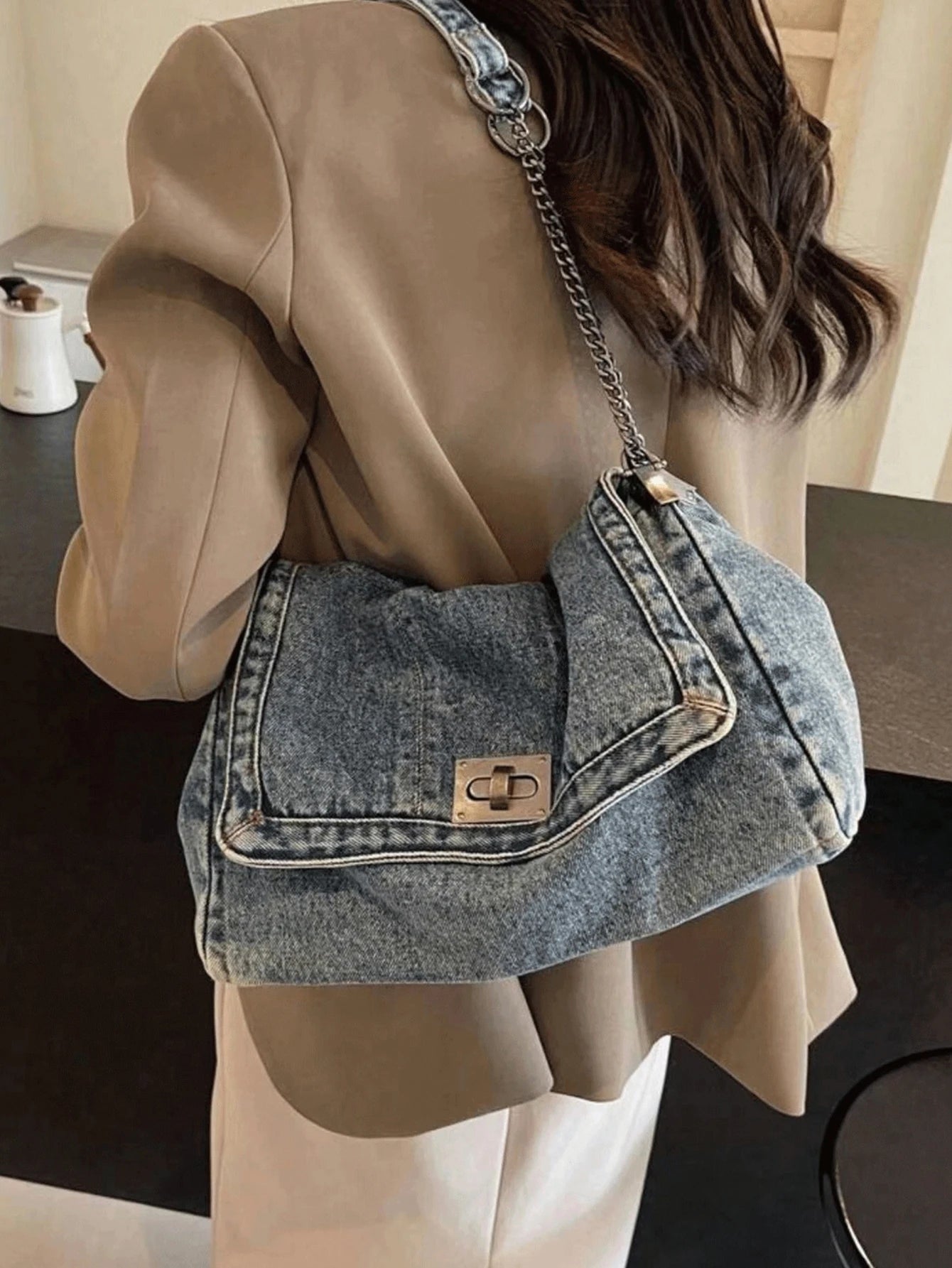 Jeans Tote Bag with Metal Buckle and Chain Strap Deep Blue Light Blue Black Vintage Stitching Design for Women Non-Adjustable Sl