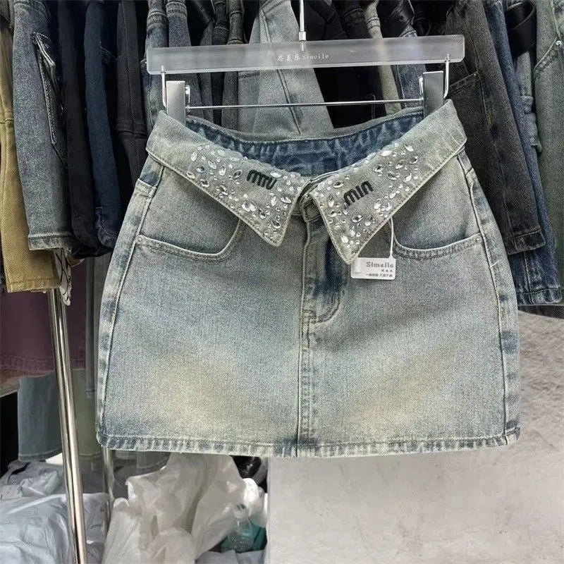 Vintage Fashion High Waist Diamonds A-line Skirt Trend Sexy Pocket Skirt Clothing Fashionable Distressed Mini jeans skirt