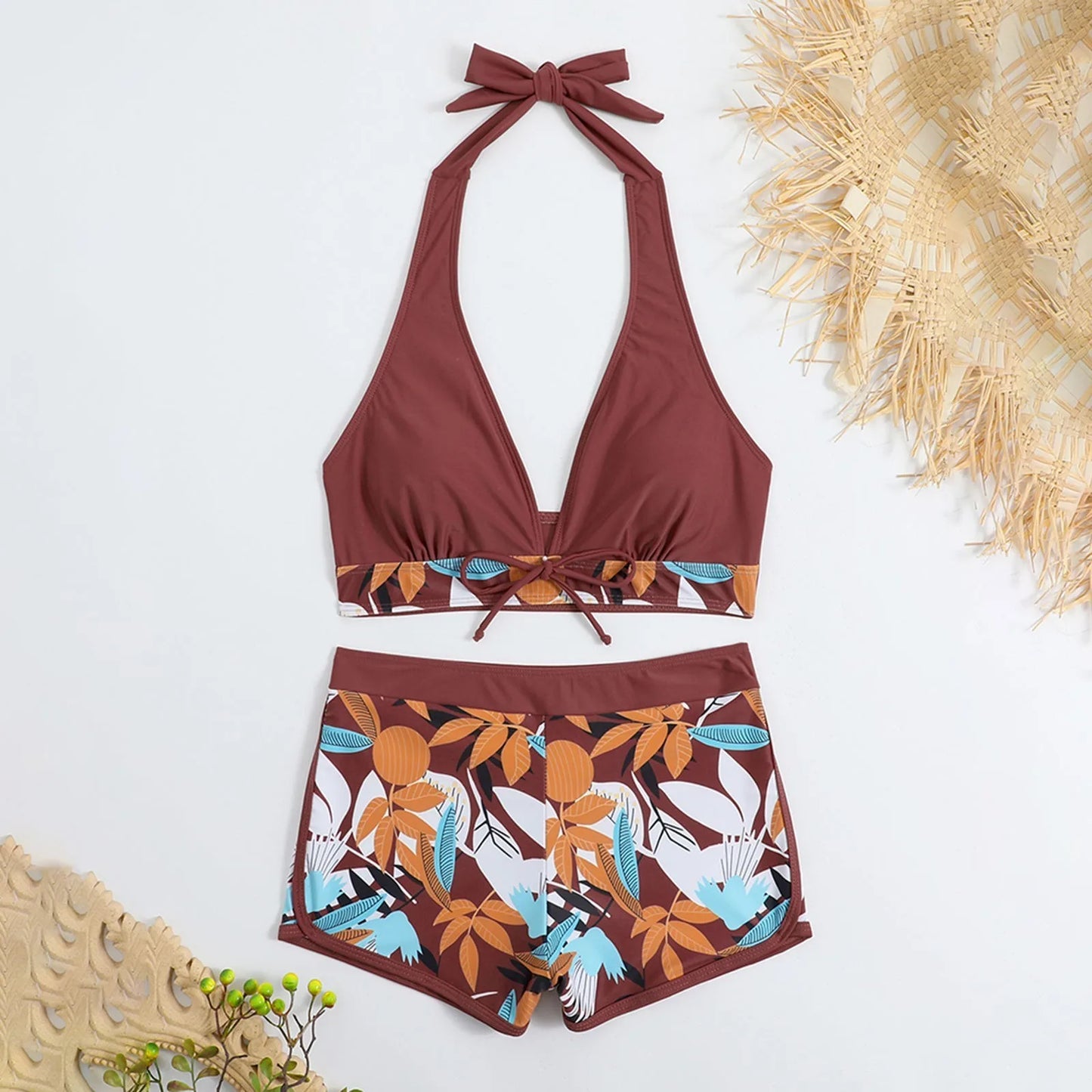 Shorts Bikinis Set  High Waist Swimsuit Women Swimwear  Plant Print Bathers Bathing Swim Suit Beachwear