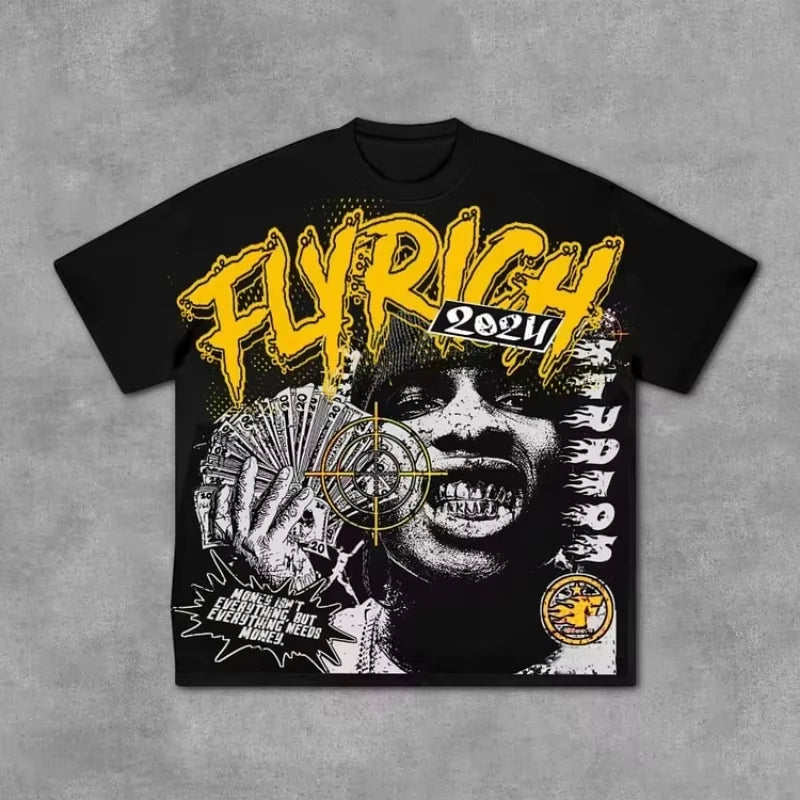 Fly Rich Abstract Human Face Graphic 100% Cotton T-Shirt Men Y2K Summer Short Sleeves Oversize Tshirt Streetwear Women Tops