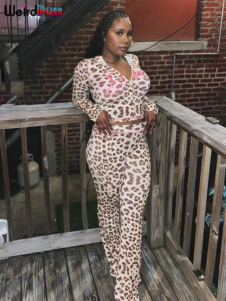 Weird Puss Leopard Letter Print 2 Piece Set Women Tracksuit Sporty Casual Hooded Crop Jacket+Flare Pants Stretch Matching Suits