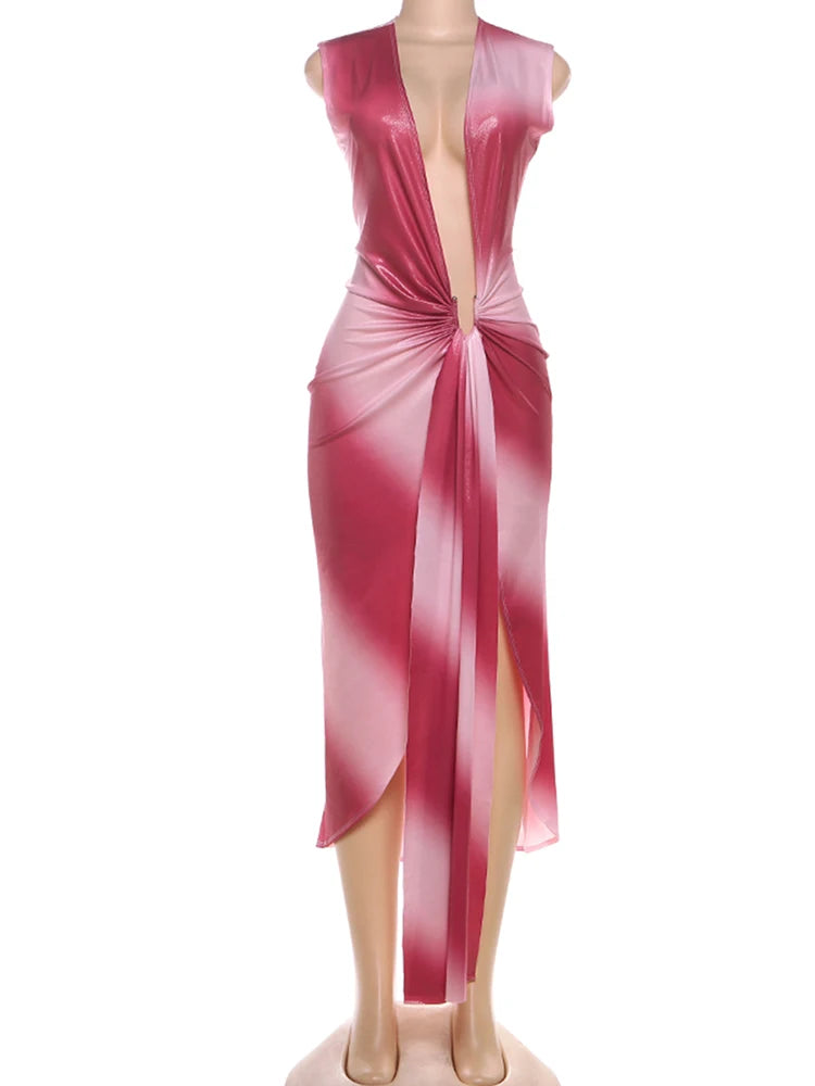 Weird Puss Glitter Split Dress Women Y2K Silky Sexy Party Gradient Ruched Ribbon Sleeveless Evening Beach Vacation Maxi Bodycon