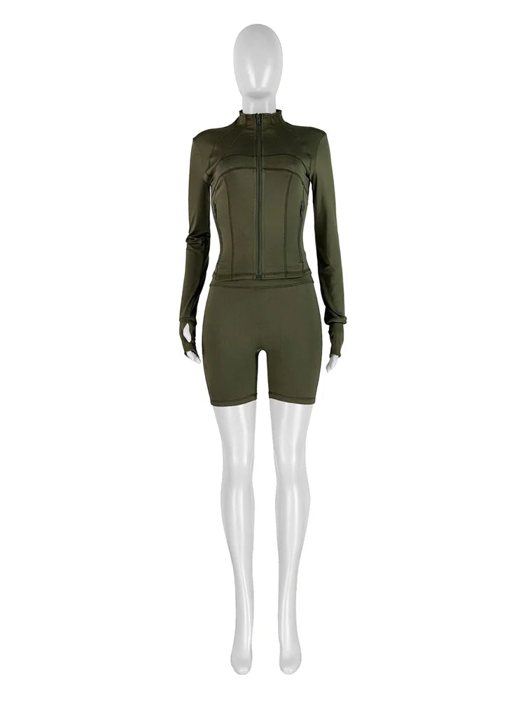 Weird Puss Casual Sporty 2 Piece Set Women Classic Tracksuit Cardigan Full Sleeve Jacket+Stretch Waist Skinny Shorts Trend Suits