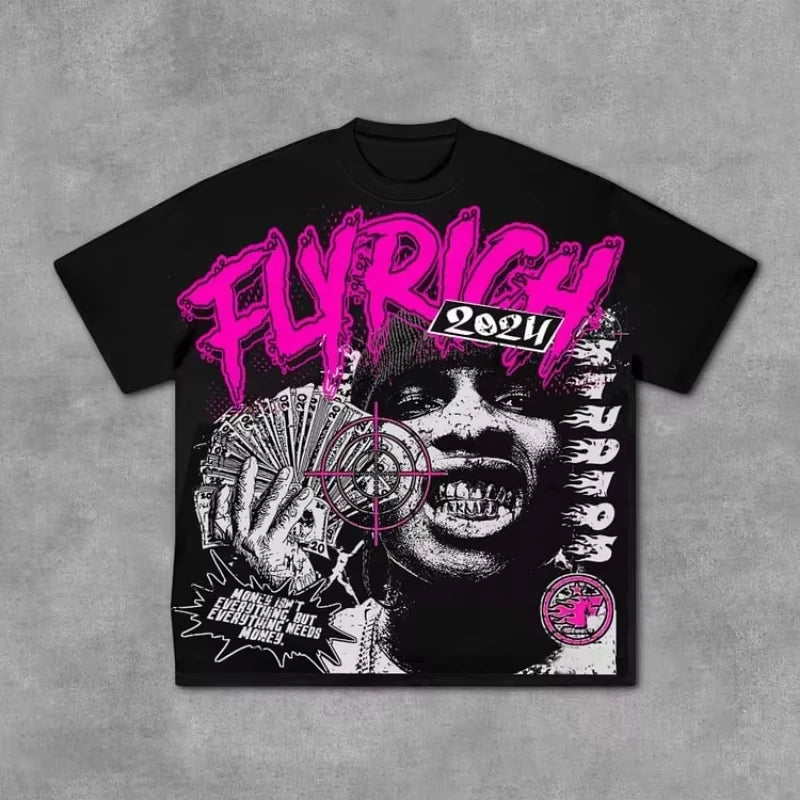 Fly Rich Abstract Human Face Graphic 100% Cotton T-Shirt Men Y2K Summer Short Sleeves Oversize Tshirt Streetwear Women Tops