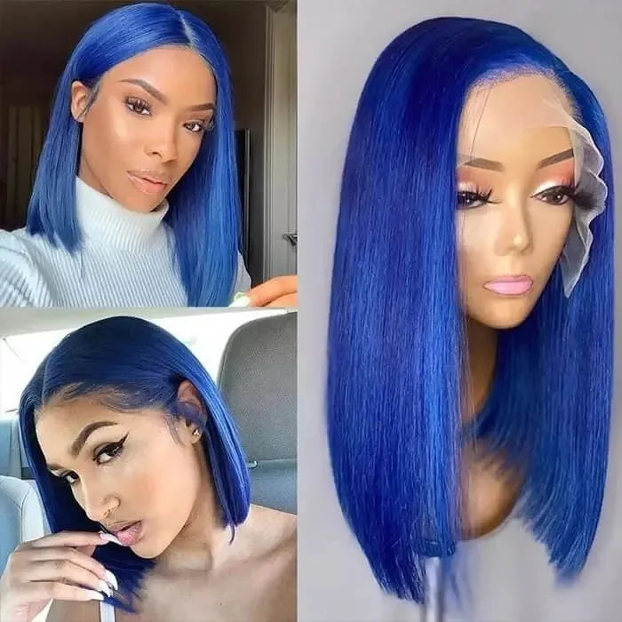 200Density Blue Straight Lace Front Wigs Human Hair Short Bob Wigs 13x4 Transparent Lace Bob Wig Human Hair 100% For Women