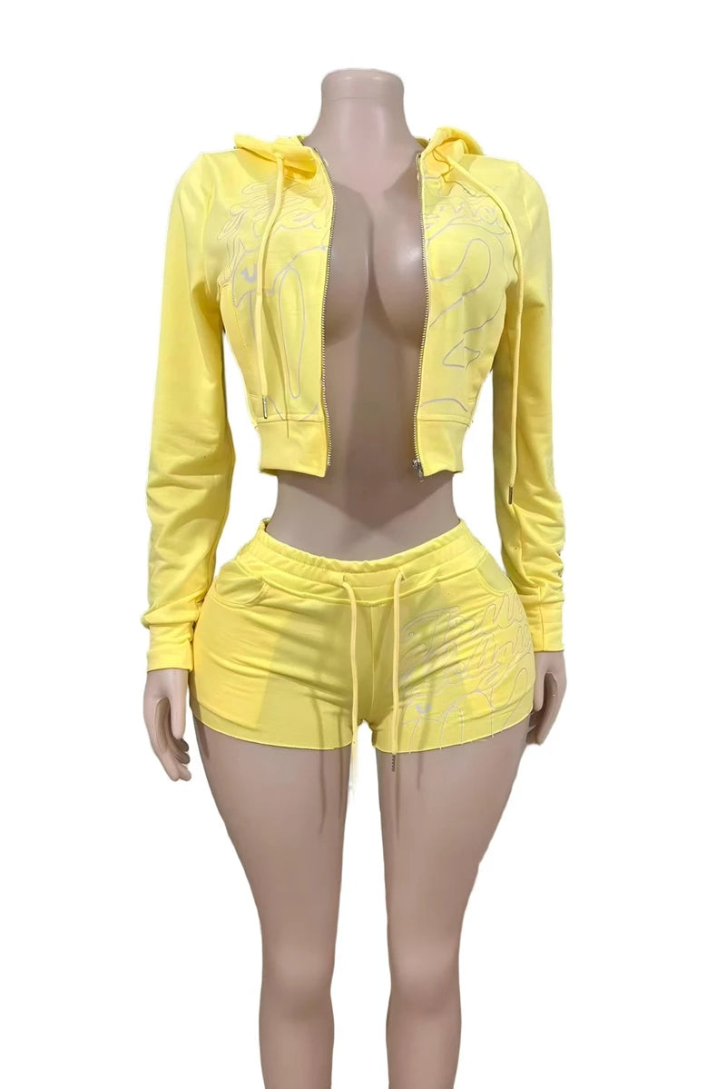 STYLISH LADY Letter Printed Sporty 2 Piece Set Women Long Sleeve Zipper Hoodies Crop Top and Shorts Suits 2025 Autumn Tracksuits