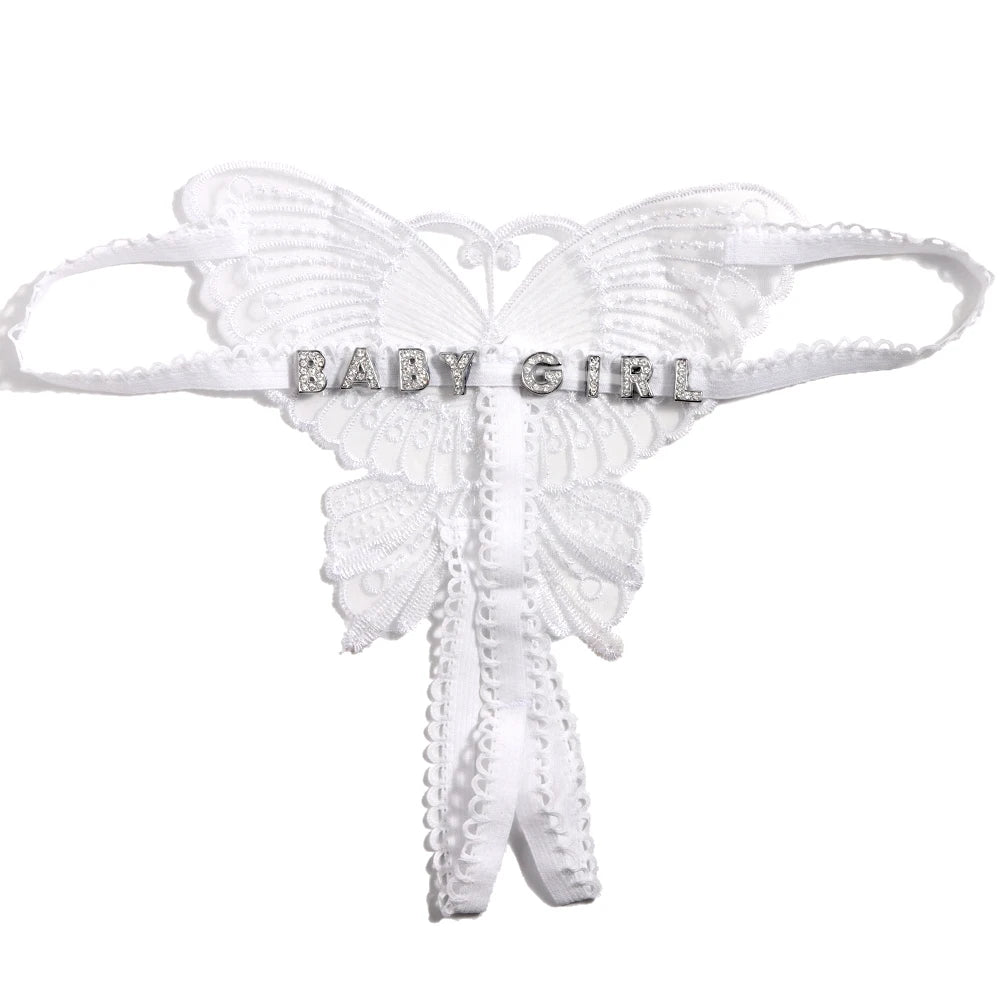 Sexy Butterfly Lace Panties Custom Name Crystal Letter Underwear Thong Transparent Lingerie Personality Girls Intimates Gift