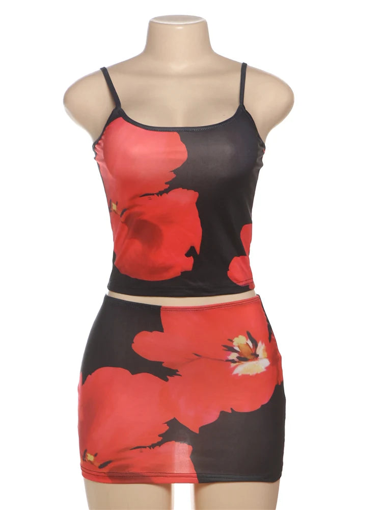 Weird Puss Y2K Floral Print 2 Piece Set Women Sexy Low-Neck Camisole+Skinny Peach Hip Skirts Vacation Trend Beach Style Outfits