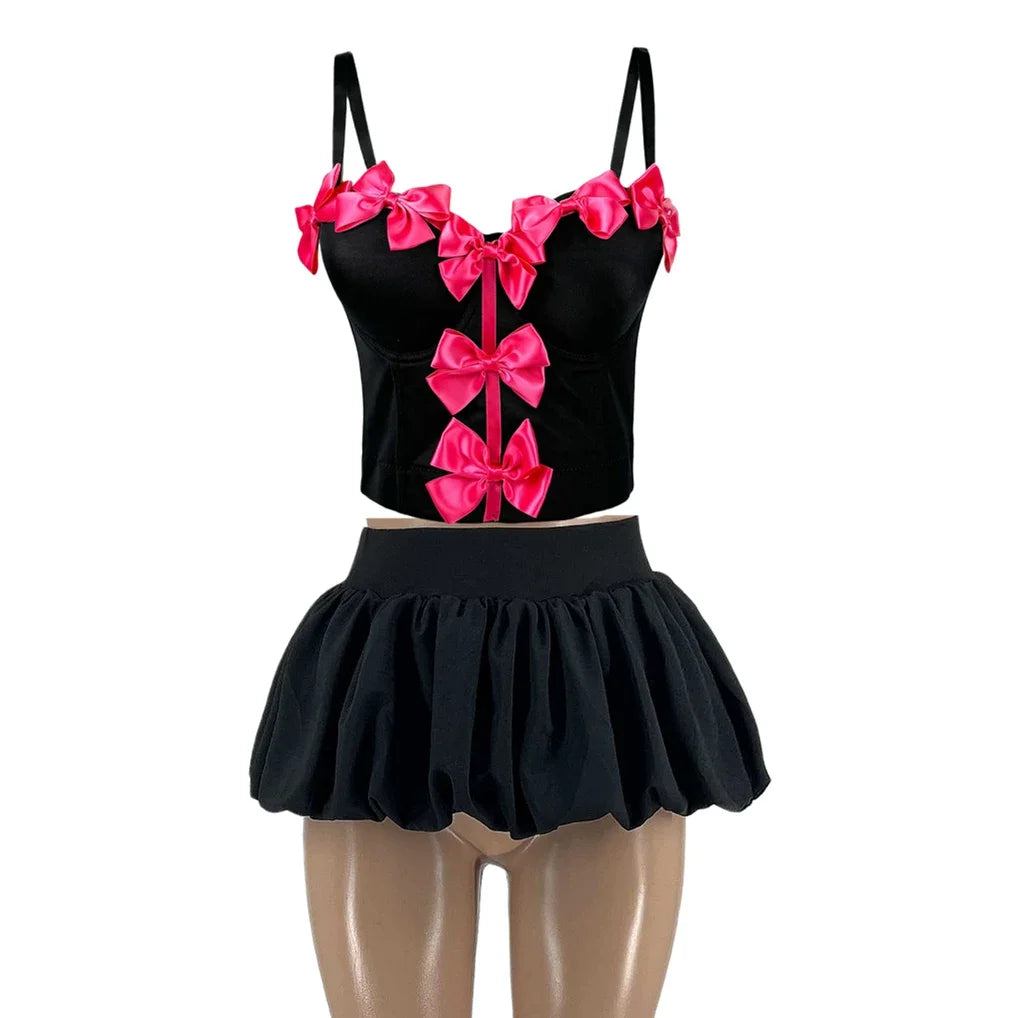 Sweet Bow Fashion, Two Piece Sets Women Thin Strap Slim Tank Top + Puffy Mini Skirts Outfits Female Streetwear