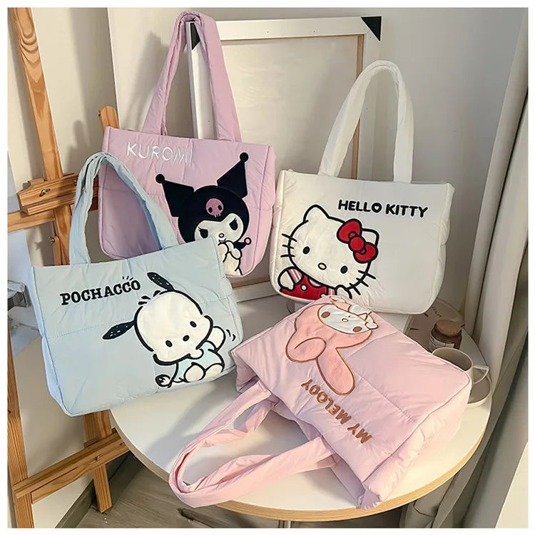 Sanrio Kawaii Hello Kitty Kuromi Tote Bags Cute My Melody Pochacco Cartoon Down Cotton Large Capacity Shoulder Bag Gifts Girls