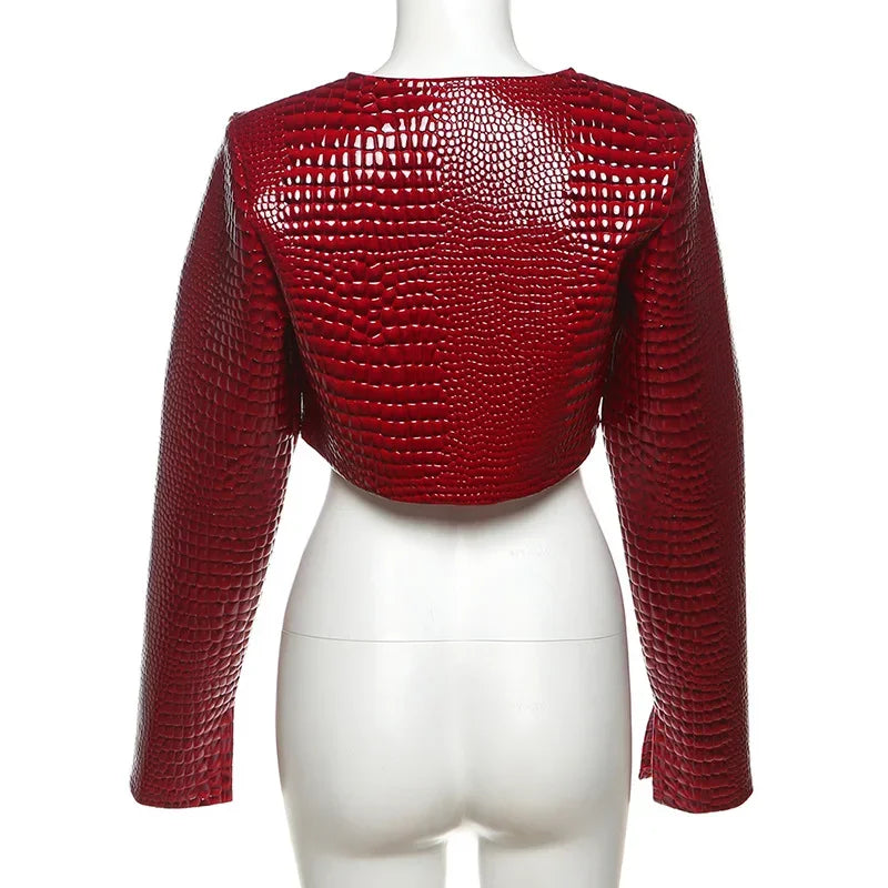 HLJ&GG Fashion Y2K Leather Snake Jacket Coat Three Piece Sets Women Lapel Long Sleeve Crop Top+Shorts Outfits Trend Streetwear
