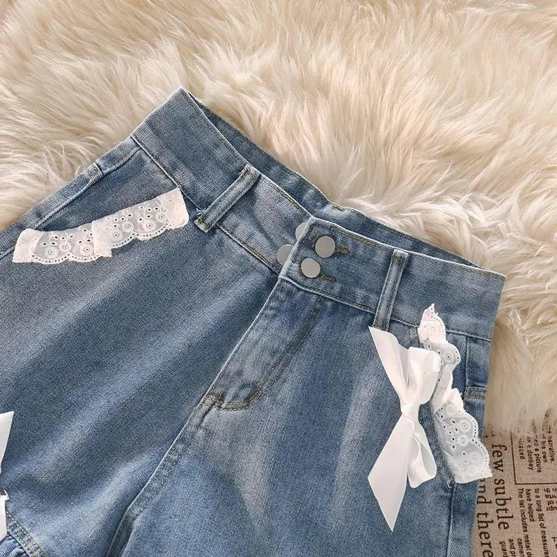 Japanese Preppy Style Bow Lace Patchwork Y2k Shorts Women Summer Straight Hotsweet High Waist jeans Short Pants Ruched